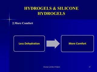 HYDROGELS & SILICONE
HYDROGELS
2.More Comfort
Churwan Lal Sahu M Optom 17
Less Dehydration More Comfort
 