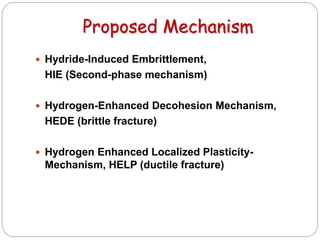 Proposed Mechanism
 Hydride-Induced Embrittlement,
HIE (Second-phase mechanism)
 Hydrogen-Enhanced Decohesion Mechanism,
HEDE (brittle fracture)
 Hydrogen Enhanced Localized Plasticity-
Mechanism, HELP (ductile fracture)
 