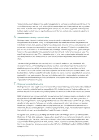 11
Today, industry uses hydrogen in low-grade heat applications, such as process heating and drying. In the
future, industry might also use a mix of hydrogen burners and fuel cells to meet their low- and high-grade
heat needs. Fuel cells have a higher efficiency than burners and simultaneously provide heat and power,
but their deployment still requires significant investment. Burners, on their side, require only adjustments
of existing equipment.
Serve as feedstock using captured carbon
Hydrogen-based chemistry could serve as a carbon sink and complement or decarbonize parts of
the petrochemical value chain. Today, crude oil (derivatives) are used as feedstock in the production of
industrial chemicals, fuels, plastics, and pharmaceutical goods. Almost all of these products contain both
carbon and hydrogen. If the application of carbon capture and utilization (CCU) technology takes off (as
part of a circular economy or an alternative to carbon storage), the technology will need (green) hydrogen
to convert the captured carbon into usable chemicals like methanol, methane, formic acid, or urea. This
use of hydrogen would make CCU a viable alternative for other hard-to-decarbonize sectors like cement
and steel production, and would contribute to the decarbonization of part of the petrochemical value
chain.
The use of hydrogen and captured carbon to produce chemical feedstocks is in the research and
development phase, with initial pilot projects being launched. Iceland has an operational geothermal
plant that uses geothermal CO2
and generated electricity to produce hydrogen and then methanol.
This methanol production is stated to be cost-competitive with an electricity price of EUR 30/MWh; other
local conditions might produce different results. Sweden has planned a similar project that will use carbon
captured from iron ore processing. Germany is combining carbon from steel production emissions with
hydrogen from excess electricity to produce chemicals. The project is still in the concept phase and is
expected to reach scale in 15 years.
Help decarbonize building heating
Heating and warm water supply account for about 80% of residential energy consumption. About 50 EJ of
energy is used for residential heating, responsible for 12% of global emissions. Hydrogen will be part of a
portfolio of solutions for decarbonizing building heating. Local conditions will dictate the choice of options.
Building heating can use hydrogen as a fuel or leverage hydrogen technologies, or ideally a combination of both:
hydrogen technologies such as fuel cell micro CHPs serve as energy converters. They offer high efficiency for
heat and power generation (> 90%). Hydrogen itself can serve as a fuel (either pure or blended with gas, partially
decarbonizing the gas grid). For houses connected to a natural gas grid, switching to hydrogen-combustion-
based heating offers an opportunity to keep using the existing gas grid. With relatively small adjustments and
investments, the grid can safely transport a mixture of hydrogen and natural gas. Full decarbonization requires a
total switch to hydrogen, as contemplated by UK gas grid operators in Leeds.
On a global scale, about 190,000 buildings are already heated with hydrogen-based fuel cell micro CHPs.
Most micro-CHPs (> 95%) are located in Japan, where about half run on methane combined with a reformer
to produce hydrogen. The project has shown the ability of micro CHPs to meet heating requirements and
supplement the electricity balance. By 2030, some 5.3 million Japanese households will use micro CHPs.
Economies of scale have already cut prices more than 50%, from 2.4 USD/W installed in 2009 to 1 USD/W
installed in 2014.
6.
7.
How hydrogen empowers the energy transition
 
