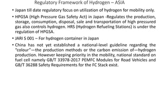 Regulatory Framework of Hydrogen – ASIA
• Japan till date regulatory focus on utilization of hydrogen for mobility only.
• HPGSA (High Pressure Gas Safety Act) in Japan -Regulates the production,
storage, consumption, disposal, sale and transportation of high pressured
gas also controls hydrogen. HRS (Hydrogen Refueling Stations) is under the
regulation of HPGSA.
• JARI S 001 – For hydrogen container in Japan
• China has not yet established a national-level guideline regarding the
“colour”—the production methods or the carbon emission of—hydrogen
production. However keeping priority in the mobility, national standard on
fuel cell namely GB/T 33978-2017 PEMFC Modules for Road Vehicles and
GB/T 36288 Safety Requirements for the FC Stack exist.
 