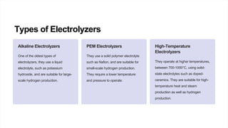 Types of Electrolyzers
Alkaline Electrolyzers
One of the oldest types of
electrolyzers, they use a liquid
electrolyte, such as potassium
hydroxide, and are suitable for large-
scale hydrogen production.
PEM Electrolyzers
They use a solid polymer electrolyte
such as Nafion, and are suitable for
small-scale hydrogen production.
They require a lower temperature
and pressure to operate.
High-Temperature
Electrolyzers
They operate at higher temperatures,
between 700-1000°C, using solid-
state electrolytes such as doped-
ceramics. They are suitable for high-
temperature heat and steam
production as well as hydrogen
production.
 
