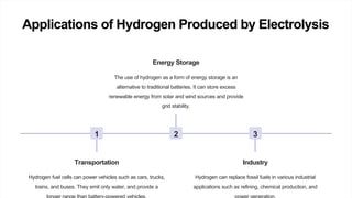 Applications of Hydrogen Produced by Electrolysis
1
Transportation
Hydrogen fuel cells can power vehicles such as cars, trucks,
trains, and buses. They emit only water, and provide a
2
Energy Storage
The use of hydrogen as a form of energy storage is an
alternative to traditional batteries. It can store excess
renewable energy from solar and wind sources and provide
grid stability.
3
Industry
Hydrogen can replace fossil fuels in various industrial
applications such as refining, chemical production, and
 