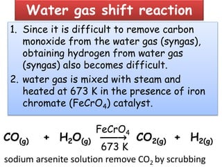 Water gas shift reaction
1. Since it is difficult to remove carbon
monoxide from the water gas (syngas),
obtaining hydrogen from water gas
(syngas) also becomes difficult.
2. water gas is mixed with steam and
heated at 673 K in the presence of iron
chromate (FeCrO4) catalyst.
CO(g) + H2O(g) ⎯⎯⎯→ CO2(g) + H2(g)
FeCrO4
673 K
sodium arsenite solution remove CO2 by scrubbing
 