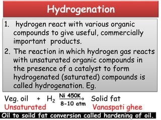Hydrogenation
1. hydrogen react with various organic
compounds to give useful, commercially
important products.
2. The reaction in which hydrogen gas reacts
with unsaturated organic compounds in
the presence of a catalyst to form
hydrogenated (saturated) compounds is
called hydrogenation. Eg.
Veg. oil + H2 ⎯⎯⎯⎯⎯→ Solid fat
Unsaturated Vanaspati ghee
Ni 450K
8-10 atm
Oil to soild fat conversion called hardening of oil.
 