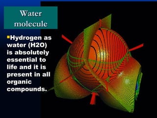 WaterWater
moleculemolecule
Hydrogen asHydrogen as
water (H2O)water (H2O)
is absolutelyis absolutely
essential toessential to
life and it islife and it is
present in allpresent in all
organicorganic
compounds.compounds.
 