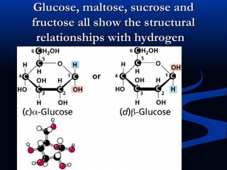 Glucose, maltose, sucrose andGlucose, maltose, sucrose and
fructose all show the structuralfructose all show the structural
relationships with hydrogenrelationships with hydrogen
 