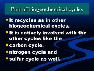 Part of biogeochemical cyclesPart of biogeochemical cycles
 It recycles as in otherIt recycles as in other
biogeochemical cycles.biogeochemical cycles.
 It is actively involved with theIt is actively involved with the
other cycles like theother cycles like the
 carbon cycle,carbon cycle,
 nitrogen cycle andnitrogen cycle and
 sulfur cycle as well.sulfur cycle as well.
 