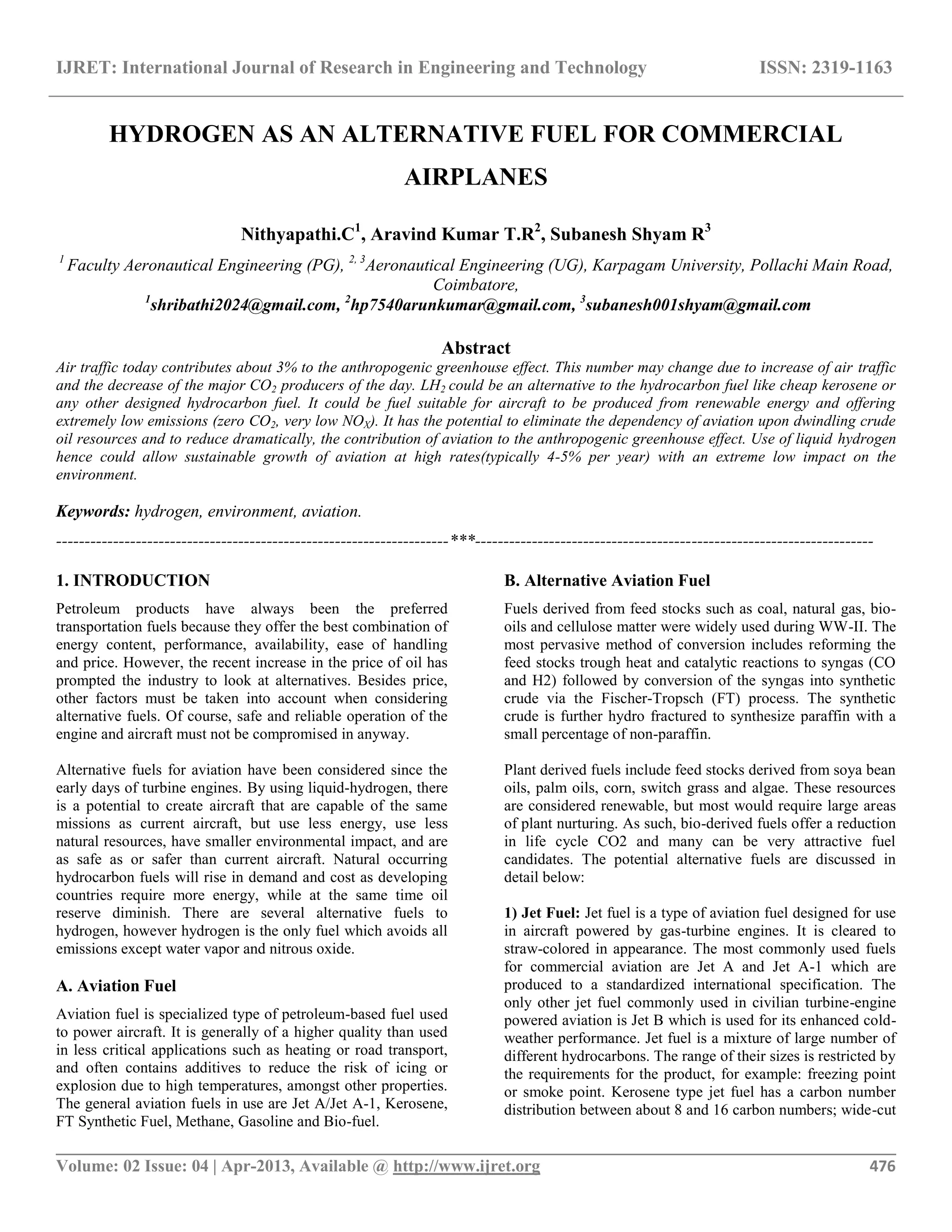Hydrogen as an alternative fuel for commercial airplanes PDF
