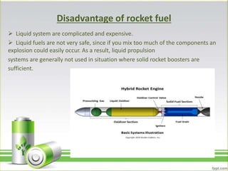 Disadvantage of rocket fuel
 Liquid system are complicated and expensive.
 Liquid fuels are not very safe, since if you mix too much of the components an
explosion could easily occur. As a result, liquid propulsion
systems are generally not used in situation where solid rocket boosters are
sufficient.
 