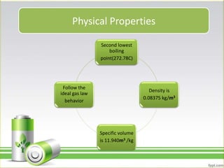 Physical Properties
Second lowest
boiling
point(272.78C)
Density is
0.08375 kg/m3
Specific volume
is 11.940m3 /kg
Follow the
ideal gas law
behavior
 