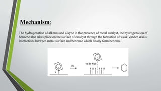 Mechanism:
The hydrogenation of alkenes and alkyne in the presence of metal catalyst, the hydrogenation of
benzene also takes place on the surface of catalyst through the formation of weak Vander Waals
interactions between metal surface and benzene which finally form benzene.
 