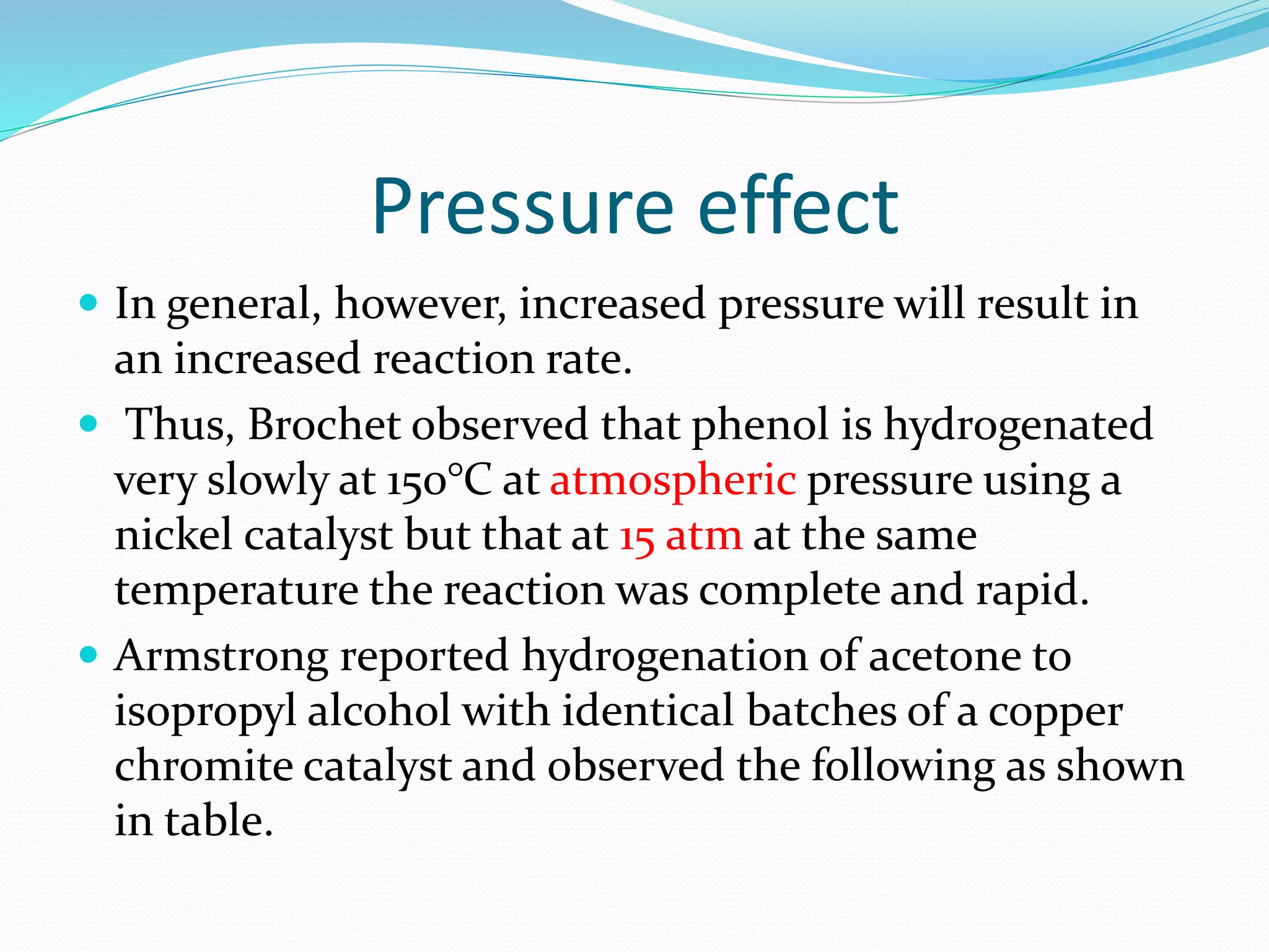 Pressure effect
 In general, however, increased pressure will result in
an increased reaction rate.
 Thus, Brochet observed that phenol is hydrogenated
very slowly at 150°C at atmospheric pressure using a
nickel catalyst but that at 15 atm at the same
temperature the reaction was complete and rapid.
 Armstrong reported hydrogenation of acetone to
isopropyl alcohol with identical batches of a copper
chromite catalyst and observed the following as shown
in table.
 