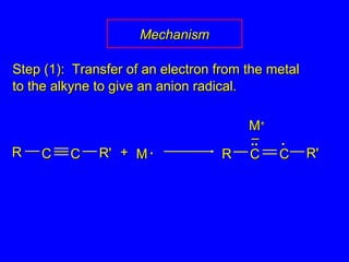 Step (1): Transfer of an electron from the metalStep (1): Transfer of an electron from the metal
to the alkyne to give an anion radical.to the alkyne to give an anion radical.
MM ..++RR R'R'CC CC RR R'R'CC
.... ..––
CC
MM++
MechanismMechanism
 