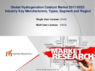 Global Hydrogenation Catalyst Market 2017-2022:
Industry Key Manufacturers, Types, Segment and Region
Single User License: $4000
Multi User License: $8000
Emial Id: sales@marketsressearch.biz
 