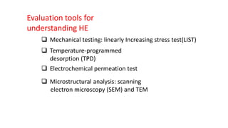 Evaluation tools for
understanding HE
 Mechanical testing: linearly Increasing stress test(LIST)
 Temperature-programmed
desorption (TPD)
 Electrochemical permeation test
 Microstructural analysis: scanning
electron microscopy (SEM) and TEM
 