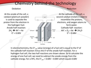Chemistry behind the technology 
Oxidation 
At the anode of the cell, a 
catalyst (platinum powder) 
is used to separate the 
proton from the electron in 
the hydrogen fuel. 
Anode half-reaction: 
2H2 
 4H+ + 4e- 
Eo = 0.00V 
Reduction 
At the cathode of the cell, a 
second catalyst (nickel) is used to 
recombine the protons, 
electrons, and oxygen atoms to 
form water. 
Cathode half- reaction: 
4H+ + O2 + 4e-  2H2O 
Eo = 0.68V 
In electrochemistry, the Eo 
cell value (energy) of a fuel cell is equal to the Eo of 
the cathode half-reaction minus the Eo of the anode half-reaction. For a 
hydrogen fuel cell, the two half reactions are shown above. So to calculate the 
energy of one fuel cell, we need to subtract the anode energy from the 
cathode energy. For a HFC, the Eo 
cell = 0.68V – 0.00V which equals 0.68V 
 