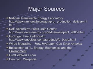 Major SourcesMajor Sources
National Renewable Energy LaboratoryNational Renewable Energy Laboratory
http://www.nrel.gov/hydrogen/proj_production_delivery.hthttp://www.nrel.gov/hydrogen/proj_production_delivery.ht
mlml
DoE Alternative Fuels Data CenterDoE Alternative Fuels Data Center
http://www.eere.energy.gov/afdc/laws/epact_2005.htmlhttp://www.eere.energy.gov/afdc/laws/epact_2005.html
Hydrogen Fuel Cell RealmHydrogen Fuel Cell Realm
http://www.geocities.com/aardduck/fc_basic.htmlhttp://www.geocities.com/aardduck/fc_basic.html
Wired Magazine –Wired Magazine – How Hydrogen Can Save AmericaHow Hydrogen Can Save America
Bosselman et al.,Bosselman et al., Energy, Economics and theEnergy, Economics and the
EnvironmentEnvironment
FuelCellWorks.comFuelCellWorks.com
Cnn.com, WikipediaCnn.com, Wikipedia
 