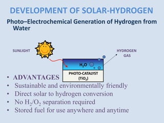 DEVELOPMENT OF SOLAR-HYDROGEN
Photo–Electrochemical Generation of Hydrogen from
Water
• ADVANTAGES
• Sustainable and environmentally friendly
• Direct solar to hydrogen conversion
• No H2/O2 separation required
• Stored fuel for use anywhere and anytime
H2O
PHOTO-CATALYST
(TiO2)
HYDROGEN
GAS
SUNLIGHT
 