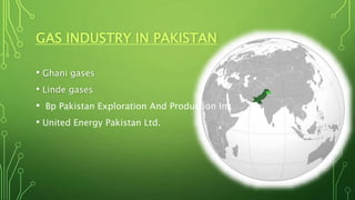 GAS INDUSTRY IN PAKISTAN
• Ghani gases
• Linde gases
• Bp Pakistan Exploration And Production Inc
• United Energy Pakistan Ltd.
 