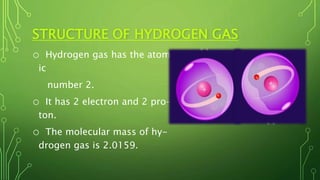 o Hydrogen gas has the atom-
ic
number 2.
o It has 2 electron and 2 pro-
ton.
o The molecular mass of hy-
drogen gas is 2.0159.
STRUCTURE OF HYDROGEN GAS
 