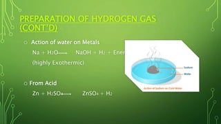 PREPARATION OF HYDROGEN GAS
(CONT’D)
o Action of water on Metals
Na + H2O NaOH + H2 + Energy
(highly Exothermic)
o From Acid
Zn + H2SO4 ZnSO4 + H2
 