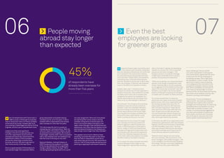 06                                               	 People moving
                                                 abroad stay longer
                                                                                                                                                    	 Even the best
                                                                                                                                                    employees are looking
                                                                                                                                                                                                                                                                        07
                                                 than expected                                                                                      for greener grass



                                                                                             45%
                                                                                                                                                          andy and Hussein Jaber are brothers born       able to find talent in global and developing
                                                                                                                                                     R    in the Lebanon with Canadian citizenship.      markets is a concern for 41% of corporate          Simon Whitehead, Partner at EOS
                                                                                                                                                    Both are talented professionals with skills that     executives and talent managers. 72%                Law, which specialises in advising the
                                                                                                                                                    are in demand in the construction industry.          foresee a severe or a moderate shortage            recruitment sector, agrees that the trend
                                                                                                                                                    So when they became dissatisfied with their          in R&D talent while 56% think it will be a         is very much for the top employees to
                                                                                                                                                    work and lives in Saudi Arabia, and looked for       problem among executive leadership.                be looking overseas. “More high flyers
                                                                                                                                                    interesting roles, whilst also allowing them                                                            are looking for a move” he says. “At the
                                                                                             of respondents have                                    and their families to all live near to each other,
                                                                                                                                                    their new employer in Morocco was prepared
                                                                                                                                                                                                         “What we are seeing is an unexpected talent
                                                                                                                                                                                                         paradox. Even though unemployment rates
                                                                                                                                                                                                                                                            same time, however, they are seeking
                                                                                                                                                                                                                                                            more safeguards than ever before from
                                                                                             already been overseas for                              to put in the effort to bring them on board.         remain relatively high in the US, companies
                                                                                                                                                                                                         are struggling to find the skilled workers they
                                                                                                                                                                                                                                                            prospective employers before jumping
                                                                                                                                                                                                                                                            ship. While candidates are itching for a
                                                                                             more than five years                                   Hussein Jaber says: “I wanted to move                need to fill critical jobs worldwide,” said Jeff   move they are taking longer to convert
                                                                                                                                                    because my old job was not well organised or         Schwartz, a principal in the human capital         because of the risk associated with leaving
                                                                                                                                                    properly structured. I also wanted to increase       practice of Deloitte Consulting LLP and global     the comfort of an employer and the risks
                                                                                                                                                    my salary and to work with a company that            co-leader and U.S. leader for talent services.     inherent in joining a new employer.”
                                                                                                                                                    recognises the value of its employees. So I
                                                                                                                                                    started searching and was very happy to be           Our survey showed that it is these top             He continues: “To lure candidates to
                                                                                                                                                    taken on by my new employer in Morocco.”             performers who make up the bulk to today’s         make a switch, recruiters and employers
                                                                                                                                                                                                         global movers, 45% of our respondents who          are being more creative with incentive
                                                                                                                                                    He continues: “The company did everything            are working overseas have more than 16             packages and working harder at reassuring
                                                                                                                                                    possible to make the move as smooth as               years’ experience and only 18% have less           candidates about the benefits of a move.
                                                                                                                                                    possible. It sent me a detailed orientation          than five years’ experience. These figures         There’s been a marked increase in the
                                                                                                                                                    document telling me everything I needed              have risen since 2010 when 48% had more            number of contracts being suggested by
                                                                                                                                                    to know about Morocco and my job. Right              than 16 years and only 9% had less than            recruiters and employers to guarantee
                                                                                                                                                    from the start the company smoothed out              five, but this perhaps reflects the growing        bonus levels, minimum term contracts
                                                                                                                                                    all the difficulties, meaning that I could           awareness amongst younger workers that             and, at the senior executive end of the
                                                                                                                                                    settle in quickly and focus on my work.”             they need to get experience overseas.
      hen Christophe Mura left France back in    going respondents anticipated staying           two-year assignment. More and more people                                                                                                                  market, golden parachute payments.”
W     1996 to study in Edinburgh he expected     overseas only for up to five years, in fact a   are spending their entire careers working
                                                                                                                                                    His experience is not unusual. No longer             In the same way, 30% of our respondents hold
that he would soon return to France, probably    sizeable 45% of respondents have already        overseas, doing stints of several years at a
                                                                                                                                                    is an overseas stint the sole preserve of            professional qualifications: 35% have Masters
at the end of his course. 16 years later he is   been overseas for more than five years.         time in one country before moving to a new
                                                                                                                                                    those struggling to make the grade back              degrees, and 5% have Doctorates. Interestingly,
now working in Copenhagen as a Senior Drilling                                                   region where they gain fresh perspectives and
                                                                                                                                                    home, or those looking for a quiet spell in          only 8% hold MBAs, down from 11% three
Engineer, and he is yet to relocate back home.   “It’s not an easy life, but it is usually an    experiences. Very often they are hesitant at the
                                                                                                                                                    the sun. Today, it is the most experienced,          years ago, perhaps reflecting the decreasing
                                                 interesting one,” comments Mura. “Both my       start but become hooked on the lifestyle and
                                                                                                                                                    educated and high performing workers who             enthusiasm amongst senior executives for
Indeed one of the most significant               wife and I spent 18 months in Gabon, as well    keep doing it much longer than they intended.”
                                                                                                                                                    are looking to add international experience          these relatively expensive qualifications.
findings in the 2012 survey was that nine        as elsewhere around the globe. We moved to
                                                                                                                                                    to their CVs. Potential employers who want
out of ten respondents would continue            Copenhagen recently when I took up a position   This appears not so much a desire to keep
                                                                                                                                                    to hire them need to be prepared to emulate          These are senior people who are making
overseas and would also recommend this           with a new employer and I am pleased to say     travelling, more that they seem to like where
                                                                                                                                                    the effort made by the Jabers’ employer.             the move overseas: 10% are directors, 21%
experience to others. A third considers          that the move is working out very well.”        they live: 84% of respondents would like to
                                                                                                                                                                                                         senior managers, 23% middle managers, 10%
the country where they currently live to                                                         stay where they are and only 16% would like to
                                                                                                                                                    It is a concern for many corporate recruiters.       junior managers, and 2% are board members.
be home, and only 18% want to go back to         Raymond Madden, Visiting Professor at           move on. Half of those already abroad are even
                                                                                                                                                    A recent Deloitte/Forbes insight survey,             Accordingly 15% earn more than US$200,000
their home country in the near future.           ESCP Europe and the academic in charge          planning on applying for permanent residency.
                                                                                                                                                    ‘Talent Edge 2020’ reported that not being           a year, and only 40% under US$100,000.
                                                 of the survey, believes this is a significant
Mura is a good example of the tendency to        change in global mobility. He says: “We’re
work abroad longer than expected. Before         not seeing people going abroad to do a quick

13                                                                                                                                                                                                                                                                                                        14
 