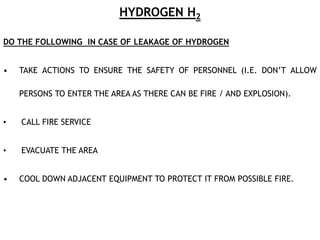 HYDROGEN H2
DO THE FOLLOWING IN CASE OF LEAKAGE OF HYDROGEN
• TAKE ACTIONS TO ENSURE THE SAFETY OF PERSONNEL (I.E. DON’T ALLOW
PERSONS TO ENTER THE AREA AS THERE CAN BE FIRE / AND EXPLOSION).
• CALL FIRE SERVICE
• EVACUATE THE AREA
• COOL DOWN ADJACENT EQUIPMENT TO PROTECT IT FROM POSSIBLE FIRE.
 