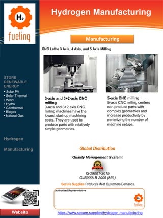 Hydrogen Manufacturing
CNC Lathe 3 Axis, 4 Axis, and 5 Axis Milling
Website
STORE
RENEWABLE
ENERGY
• Solar PV
• Solar Thermal
• Wind
• Hydro
• Geothermal
• Biogas
• Natural Gas
Hydrogen
Manufacturing
https://www.secure.supplies/hydrogen-manufacturing
Authorized Representative
Authorized Representative
Quality Management System:
ISO9001-2015
GJB9001B-2009 (MIL)
Secure Supplies Product/s Meet Customers Demands.
Global Distribution
Manufacturing
3-axis and 3+2-axis CNC
milling
3-axis and 3+2 axis CNC
milling machines have the
lowest start-up machining
costs. They are used to
produce parts with relatively
simple geometries.
5-axis CNC milling
5-axis CNC milling centers
can produce parts with
complex geometries and
increase productivity by
minimizing the number of
machine setups.
 