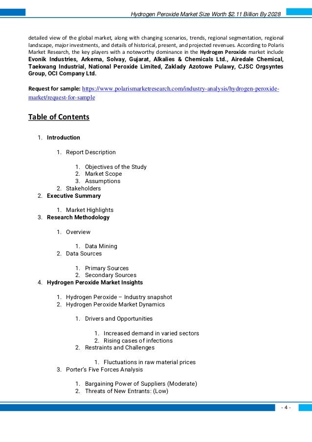 Hydrogen Peroxide Market Size Worth $2.11 Billion By 2028
- 4 -
detailed view of the global market, along with changing scenarios, trends, regional segmentation, regional
landscape, major investments, and details of historical, present, and projected revenues. According to Polaris
Market Research, the key players with a noteworthy dominance in the Hydrogen Peroxide market include
Evonik Industries, Arkema, Solvay, Gujarat, Alkalies & Chemicals Ltd., Airedale Chemical,
Taekwang Industrial, National Peroxide Limited, Zaklady Azotowe Pulawy, CJSC Orgsyntes
Group, OCI Company Ltd.
Request for sample: https://www.polarismarketresearch.com/industry-analysis/hydrogen-peroxide-
market/request-for-sample
Table of Contents
1. Introduction
1. Report Description
1. Objectives of the Study
2. Market Scope
3. Assumptions
2. Stakeholders
2. Executive Summary
1. Market Highlights
3. Research Methodology
1. Overview
1. Data Mining
2. Data Sources
1. Primary Sources
2. Secondary Sources
4. Hydrogen Peroxide Market Insights
1. Hydrogen Peroxide – Industry snapshot
2. Hydrogen Peroxide Market Dynamics
1. Drivers and Opportunities
1. Increased demand in varied sectors
2. Rising cases of infections
2. Restraints and Challenges
1. Fluctuations in raw material prices
3. Porter’s Five Forces Analysis
1. Bargaining Power of Suppliers (Moderate)
2. Threats of New Entrants: (Low)
 