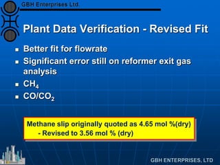 Plant Data Verification - Revised Fit
 Better fit for flowrate
 Significant error still on reformer exit gas
analysis
 CH4
 CO/CO2
Methane slip originally quoted as 4.65 mol %(dry)
- Revised to 3.56 mol % (dry)
 