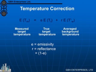 Measured True Averaged
target target background
temperature temperature temperature
e = emissivity
r = reflectance
= (1-e)
Temperature Correction
E (Tm) = e E (Tt) + r E (T’w)
GBH Enterprises Ltd.
 