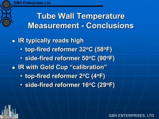 Tube Wall Temperature
Measurement - Conclusions
 IR typically reads high
• top-fired reformer 32oC (58oF)
• side-fired reformer 50oC (90oF)
 IR with Gold Cup “calibration”
• top-fired reformer 2oC (4oF)
• side-fired reformer 16oC (29oF)
GBH Enterprises Ltd.
 