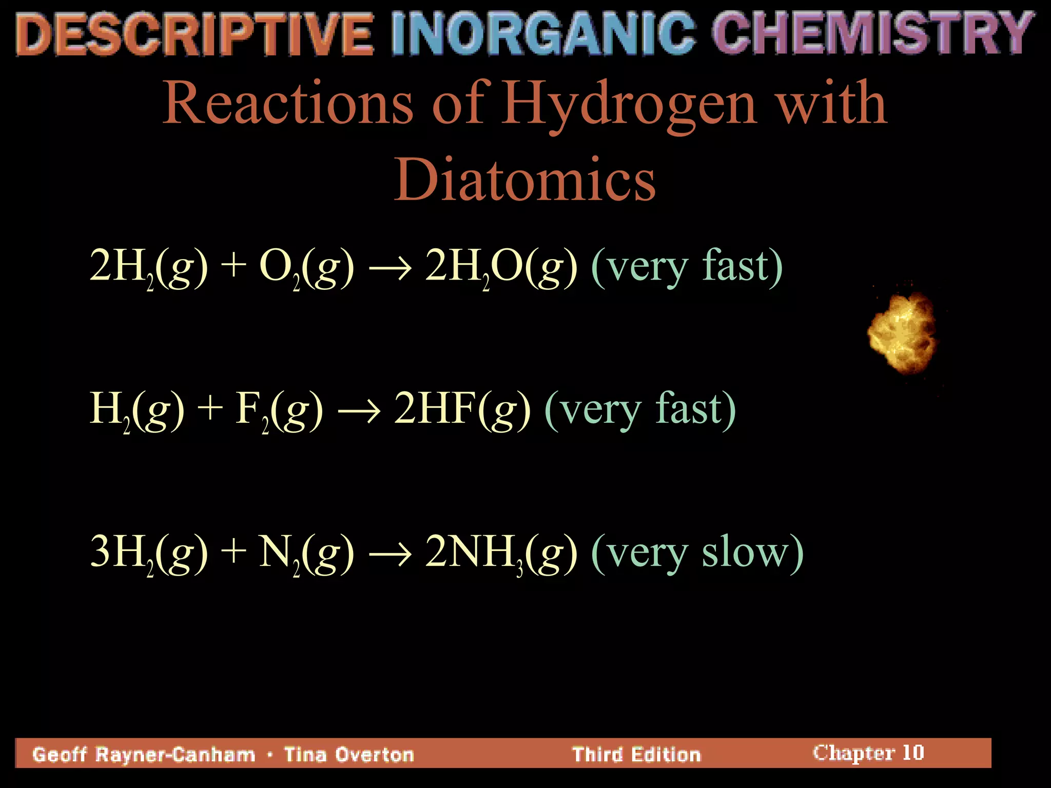 Reactions of Hydrogen with
Diatomics
2H2(g) + O2(g) → 2H2O(g) (very fast)
H2(g) + F2(g) → 2HF(g) (very fast)
3H2(g) + N2(g) → 2NH3(g) (very slow)
 