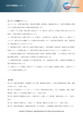 Copyright © QYResearch | japan@qyresearch.com |https://www.qyresearch.co.jp
世界市場調査レポート
本レポートの重要なポイント：
本レポートは、市場の成長予測、主要企業の戦略、競争動向、地域別分析など、今後の市場動向に影響
を与える重要な要素に関する詳細な情報を提供します。
１．市場データと予測：市場に関する過去のデータ（2020 年～2024 年）と将来の予測（2031 年まで）を
提供し、成長の動向と市場の展望を示します。
２．主要企業の分析：市場の主要メーカーを特定し、各企業の売上、販売量、市場シェア、製品ポート
フォリオ、競争力のある戦略について詳細な分析を提供します。主要企業の発展計画、協定、新製品発
売、買収活動などにも注目しています。
３．競合動向の分析：市場における競争の動向を追跡し、企業の戦略、拡張計画、新規参入者の影響を
評価します。この情報を通じて、企業が市場での競争力を高めるためのインサイトを提供します。
４．成長要因と課題の分析：市場の成長を促進する要因、業界特有の課題、リスク要因などに関する詳
細な情報を提供し、企業が直面する可能性のある障壁を分析します。
５．地域別市場予測：主要地域ごとの市場の販売量、売上、成長動向を予測し、地域別の市場規模と市
場の発展状況を分析します。
６．市場セグメントの構造：市場セグメントを製品タイプ別、用途別、地域別に分類し、市場のダイナ
ミクスと構造を明確化します。
【目次】
第 1 章：市場の製品概要、市場規模、売上予測、価格動向を提供し、主要な市場促進要因、機会、課題
を分析します。（2020～2031）
第 2 章：の主要企業（トップ 5 社、トップ 10 社）の競合状況を分析し、売上、製造拠点、製品、価格、
販売量、市場シェアを包括的に解析します。（2020～2024）
第 3 章：製品別の市場動向を分析し、市場の売上、市場シェア、販売量、価格を提示します。（2020～
2031）
第 4 章：用途別に市場の売上、市場シェア、販売量、価格などを分析します。（2020～2031）
第 5 章：市場の成長動向、地域別の販売量、売上を紹介し、市場規模と発展の将来の予測を行います。
 