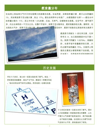 THE LOREM IPSUMS

氢含量分布

SPRING 2016

在地球上和地球大气中只存在极稀少的游离状态氢。在地壳里，如果按质量计算，氢只占总质量的
1%，而如果按原子百分数计算，则占 17%。氢在自然界中分布很广，水便是氢的“仓库”——氢在水中
的质量分数为 11%；泥土中约有 1.5%的氢；石油、天然气、动植物体也含氢。在空气中，氢气倒不
多，约占总体积的一千万分之五。在整个宇宙中，按原子百分数来说，氢却是最多的元素。据研究，在
太阳的大气中，按原子百分数计算，氢占 81.75%。在宇宙空间中，氢原子的数目比其他所有元素原子
的总和约大 100 倍。

氢是原子序数为 1 的化学元素，化学
符号为 H，在元素周期表中位于第一
位。其原子质量为 1.00794u，是最轻
的，也是宇宙中含量最多的元素，大
约占据宇宙质量的 75%。主星序上恒
星的主要成分都是等离子态的氢。而
在地球上，自然条件形成的游离态的
氢单质相对罕见.

历史发展
早在十六世纪，瑞士的一名医生就发现了氢气。他说：“
把铁屑投到硫酸里，就会产生气泡，像旋风一样腾空而起
。”他还发现这种气体可以燃烧。然而他是一位著名的医
生，病人很多，没有时间去做进一步的研究。

十七世纪时就有一位医生发现了氢气。那时
人们的智慧被一种虚假的理论所蒙弊，认为
不管什么气体都不能单独存在，既不能收集
，也不能进行测量。这位医生认为氢气与空
气没有什么不同，很快就放弃了研究。
4

 