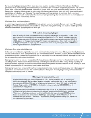 For example, hydrogen production from fossil resources could be developed in Western Canada and the Atlantic
provinces. Using nuclear energy for water electrolysis is most suitable where there is operating experience with nuclear
plants, as in Ontario and New Brunswick. Hydroelectric power, along with other renewable energy resources, could
be exploited in Québec, Manitoba and on both coasts. Wind energy would favour grids with hydro storage and control
capabilities, as in Québec and Manitoba. The use of biomass could play a role in all provinces. Such a hydrogen
infrastructure may eventually evolve to handle volumes of hydrogen so large that bulk transmission by pipeline between
regions would become economically feasible.


Hydrogen from surplus production
A preliminary analysis indicates that 200,000 t of hydrogen are burned or vented in Canada every year.34 This surplus
hydrogen could provide a low-cost supply suitable for component and system testing, or it could be used to generate
electricity for either the hydrogen producer or the grid.


                                          1-Mt analysis for surplus hydrogen
            One Mt of CO2 could be avoided annually by using surplus hydrogen to displace 83,200 t of SMR
            hydrogen production (based on an SMR emission rate of 12 t of CO2 per t of hydrogen produced).
            Using the same amount of hydrogen as a fuel would provide an approximate reduction of 0.86 Mt
            of CO2 based on the equivalent energy of hydrogen and gasoline (see “How much energy is there
            in 1 kg of hydrogen?” on page 22). This emission reduction could possibly double to 1.7 Mt based
            on the higher efﬁciency of hydrogen FCVs.


Hydrogen from clean electricity grids
In the near term and continuing into the long term, provinces that currently derive most of their power from hydroelectric
sources could produce clean hydrogen through grid-connected electrolysis. Manitoba, Québec, Newfoundland and British
Columbia fall into this category. Hydrogen produced by electrolysis could be used as a chemical feedstock and as a fuel
for vehicles and portable power applications.
Hydrogen production for use as a transportation fuel would represent a major new load on the electricity system, which
could help ﬁnance the expansion of clean electricity generating capacity. Because of the energy storage capability of
hydrogen systems, hydrogen production could provide energy management services in the form of load levelling for grids
to allow high penetration of intermittent or base-loaded generators.
Hydrogen produced and consumed through reversible electro-chemical devices could play a useful role in backup power
applications and in ancillary services that would help balance the system. These hydrogen subsystems could also be
integrated with fuel production for vehicles.


                                        1-Mt analysis for clean electricity grids
            Based on an average grid emission intensity of 0.05 t of CO2 per MWh35 and an electricity-to-
            hydrogen conversion rate of 55 kWh per kg of hydrogen, the emission rate for grid electrolysis is
            approximately 2.75 kg of CO2 per kg of hydrogen. A reduction of 1 Mt of CO2 could be achieved
            through the production of 131,000 t of electrolytic hydrogen, replacing 520,000,000 litres of
            gasoline on an energy basis.
            Hydrogen FCVs could potentially double this reduction to 2 Mt. At an electrolysis conversion rate
            of 55 kWh per kg, producing this amount of hydrogen would require 7,200 GWh of electricity.
            The amount of hydrogen produced would be sufﬁcient to fuel approximately 655,000 vehicles,
            based on an annual fuel consumption of 200 kg of hydrogen per vehicle. The amount of
            electricity required is about 1 percent of Canada’s total power generation during 2004, which was
            approximately 568 billion kWh.36




                                                                       HYDROGEN            S Y S T E M S                     15
 