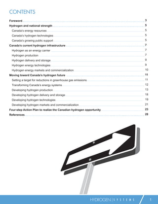 CONTENTS
Foreword                                                                                  3
Hydrogen and national strength                                                            5
 Canada’s energy resources                                                                5
 Canada’s hydrogen technologies                                                           5
 Canada’s growing public support                                                          5
Canada’s current hydrogen infrastructure                                                  7
 Hydrogen as an energy carrier                                                            7
 Hydrogen production                                                                      7
 Hydrogen delivery and storage                                                            9
 Hydrogen energy technologies                                                             9
 Hydrogen energy markets and commercialization                                            10
Moving toward Canada’s hydrogen future                                                    11
 Setting a target for reductions in greenhouse gas emissions                              11
 Transforming Canada’s energy systems                                                     12
 Developing hydrogen production                                                           13
 Developing hydrogen delivery and storage                                                 18
 Developing hydrogen technologies                                                         19
 Developing hydrogen markets and commercialization                                        21
Four-step Action Plan to realize the Canadian hydrogen opportunity                        23
References                                                                                28




                                                               HYDROGEN   S Y S T E M S        1
 