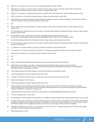 28   Based on a CO2 emission level of 36 Gt and a world population projection of 9 billion by 2050.

29   2002 Data from: Canada. Environment Canada. Canada’s Greenhouse Gas Inventory: 1990-2002. Ottawa, 2004; 2010 data from:
     Natural Resources Canada. Canada’s Emissions Outlook: An Update. Ottawa, 1999.

30   Natkin, R. et al. Hydrogen IC Engine Boosting Performance and NOx Study, SAE 2003-01-0631. Detroit MI, SAE International, 2003.

31   (S&T)2 Consultants Inc. GHGenius Documentation Manual. Ottawa: Natural Resources Canada, 2003.

32   Natural Resources Canada and Canadian Hydrogen Association. Hydrogen Systems: A Canadian Strategy for Greenhouse Gas Reduction
     and Economic Growth, http://www.h2.ca/en/news.html. Ottawa, 2005.

33   Ibid

34   Dalcor Consultants Ltd and Intuit Strategy Inc. Canadian Hydrogen: Current Status and Future Prospects. Ottawa: Natural Resources
     Canada, 2004.

35   ICF Consulting Group. Greenhouse Gas and Cost Impacts of Canadian Electric Markets with Regional Hydrogen Production. Ottawa: Natural
     Resources Canada, 2004.

36   BP. BP Statistical Review of World Energy June 2005; Table of Electricity Generation Data 1994 to 2004,
     http://www.bp.com/sectiongenericarticle.do?categoryId=9003084&contentId=7005859. London: Paufﬂey Ltd, 2005.

37   A. Miller. Electrochemical Production of Hydrogen by Nuclear Energy. Ottawa: Atomic Energy Canada, 2004.

38   ICF Consulting Group. Greenhouse Gas and Cost Impacts of Canadian Electric Markets with Regional Hydrogen Production. Ottawa: Natural
     Resources Canada, 2004.

39   C. Copelend et al. Hydrogen Vehicles and Fuel from the Wind. Proceedings of Fuel Cell World, 2003.

40   K. Thambimuthu. “CO2 Capture and Storage.” Presentation to the Hydrogen Road Map for Canada Workshop, Ottawa, May 2004.

41   Alberta Chamber of Resources. Oil Sands Technology Road Map. Edmonton, 2004.

42   Ibid

43   Ibid

44   Industry Canada. Biomass Availability, http://strategis.ic.gc.ca/epic/internet/intrm-crt.nsf/en/rm00118e.html.

45   Marbek Resource Consultants. Case Study on Renewable Grid-Power Electricity: Baseline Study and Economic Report,
     http://www.nrtee-trnee.ca/eng/programs/Current_Programs/EFR-Energy/Case_Studies/20040521-Renewable-Power-CS/20040521_
     Renewable-Power-CS_1-Introduction_E.htm#3_3.

46   United States Department of Energy: Hydrogen, Fuel Cells and Infrastructure Technologies Program.

47   United States Department of Energy. Hydrogen Posture Plan. 2004.

48   G. Ballard. “Hydricity the Universal Currency” in Fuelling the Future. House of Anansi Press, Toronto, 2003.

49   Saskatchewan Research Council. Regina.

50   United States Department of Energy. Hydrogen Posture Plan. 2004.

51   Pembina Institute and the Canadian Energy Research Institute. Case Study on the Role of Fiscal Policy in Hydrogen Development:
     Baseline Report and Economic Analysis, http://www.nrtee-trnee.ca/eng/programs/Current_Programs/EFR-Energy/Case_Studies/20040510-
     Hydrogen-CS/20040510_Hydrogen-CS_Contents_E.htm.

52   Cable News Network. Nissan Plans Fuel Cell Tie-up, http://www.cnn.com/2003/BUSINESS/asia/03/04/japan.nissan.biz/.

53   P. Rivard. Hydrogenics Corp. Toronto, 2004.

54   Data generated by GHGenius Model 2.6b and provided by R. McMillan, Principal Research Ofﬁcer. Ottawa: National Research Council, 2005.

55   The higher heating value is used, since conventional fuels are quoted on this basis. The lower heating value is more relevant when comparing
     the efﬁciency of engines and fuel cells, since the heat of condensation is not recovered in these processes. In the case of conventional fuels,
     the difference between LHVs is negligible in gasoline, about 10 percent in natural gas and almost 16 percent in hydrogen.

56   Calculated using GHGenius, assuming a 10.3 L gasoline/100 km ICE LDV and an 11.1 gasoline-equivalent L/100 km NG ICE LDV. Includes
     emissions from vehicle operation and fuel production only.

57   Stuart Energy Systems. Toronto.




                                                                                      HYDROGEN                  S Y S T E M S                          29
 
