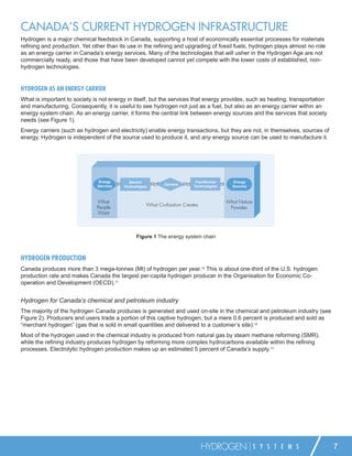 CANADA’S CURRENT HYDROGEN INFRASTRUCTURE
Hydrogen is a major chemical feedstock in Canada, supporting a host of economically essential processes for materials
reﬁning and production. Yet other than its use in the reﬁning and upgrading of fossil fuels, hydrogen plays almost no role
as an energy carrier in Canada’s energy services. Many of the technologies that will usher in the Hydrogen Age are not
commercially ready, and those that have been developed cannot yet compete with the lower costs of established, non-
hydrogen technologies.


HYDROGEN AS AN ENERGY CARRIER
What is important to society is not energy in itself, but the services that energy provides, such as heating, transportation
and manufacturing. Consequently, it is useful to see hydrogen not just as a fuel, but also as an energy carrier within an
energy system chain. As an energy carrier, it forms the central link between energy sources and the services that society
needs (see Figure 1).
Energy carriers (such as hydrogen and electricity) enable energy transactions, but they are not, in themselves, sources of
energy. Hydrogen is independent of the source used to produce it, and any energy source can be used to manufacture it.




                               Energy      Service                        Transformer      Energy
                              Services                      Carriers
                                         Technologies                     Technologies     Sources



                              What                                                       What Nature
                                                    What Civilization Creates
                              People                                                      Provides
                              Want



                                               Figure 1 The energy system chain



HYDROGEN PRODUCTION
Canada produces more than 3 mega-tonnes (Mt) of hydrogen per year.10 This is about one-third of the U.S. hydrogen
production rate and makes Canada the largest per-capita hydrogen producer in the Organisation for Economic Co-
operation and Development (OECD).11


Hydrogen for Canada’s chemical and petroleum industry
The majority of the hydrogen Canada produces is generated and used on-site in the chemical and petroleum industry (see
Figure 2). Producers and users trade a portion of this captive hydrogen, but a mere 0.6 percent is produced and sold as
“merchant hydrogen” (gas that is sold in small quantities and delivered to a customer’s site).12
Most of the hydrogen used in the chemical industry is produced from natural gas by steam methane reforming (SMR),
while the reﬁning industry produces hydrogen by reforming more complex hydrocarbons available within the reﬁning
processes. Electrolytic hydrogen production makes up an estimated 5 percent of Canada’s supply.13




                                                                                HYDROGEN               S Y S T E M S           7
 