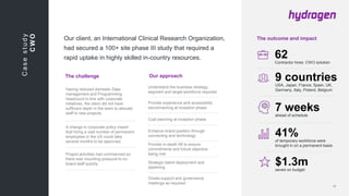 The challenge Our approach
The outcome and impactOur client, an International Clinical Research Organization,
had secured a 100+ site phase III study that required a
rapid uptake in highly skilled in-country resources.
9 countriesUSA, Japan, France, Spain, UK,
Germany, Italy, Poland, Belgium
62Contractor hires: CWO solution
Having reduced domestic Data
management and Programming
headcount in-line with corporate
initiatives, the client did not have
sufficient depth in the team to allocate
staff to new projects
A change in corporate policy meant
that hiring a vast number of permanent
employees in the US could take
several months to be approved
Project activities had commenced so
there was mounting pressure to on-
board staff quickly
Understand the business strategy,
segment and target workforce required
Provide experience and accessibility
benchmarking at inception phase
Cost planning at inception phase
Enhance brand position through
connecting and technology
Provide in-depth MI to ensure
commitments and future objective
being met
Strategic talent deployment and
pipelining
Onsite support and governance
meetings as required
Casestudy
CWO
7 weeksahead of schedule
41%of temporary workforce were
brought in on a permanent basis
$1.3msaved on budget
 