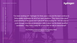 “I’ve been working with Hydrogen for three years now and the team continue to
bring quality candidates for all of our open positions. They have a very good
understanding of the space and ‘cultural fit’ we’re looking for. I do not need to
cycle through resumes or introductory calls to weed out the lesser qualified
candidates – they make it easy for us and their hit rate is phenomenal!”
Vice President of Clinical Programs and Regulatory Affairs
A leading medical device company
13
 