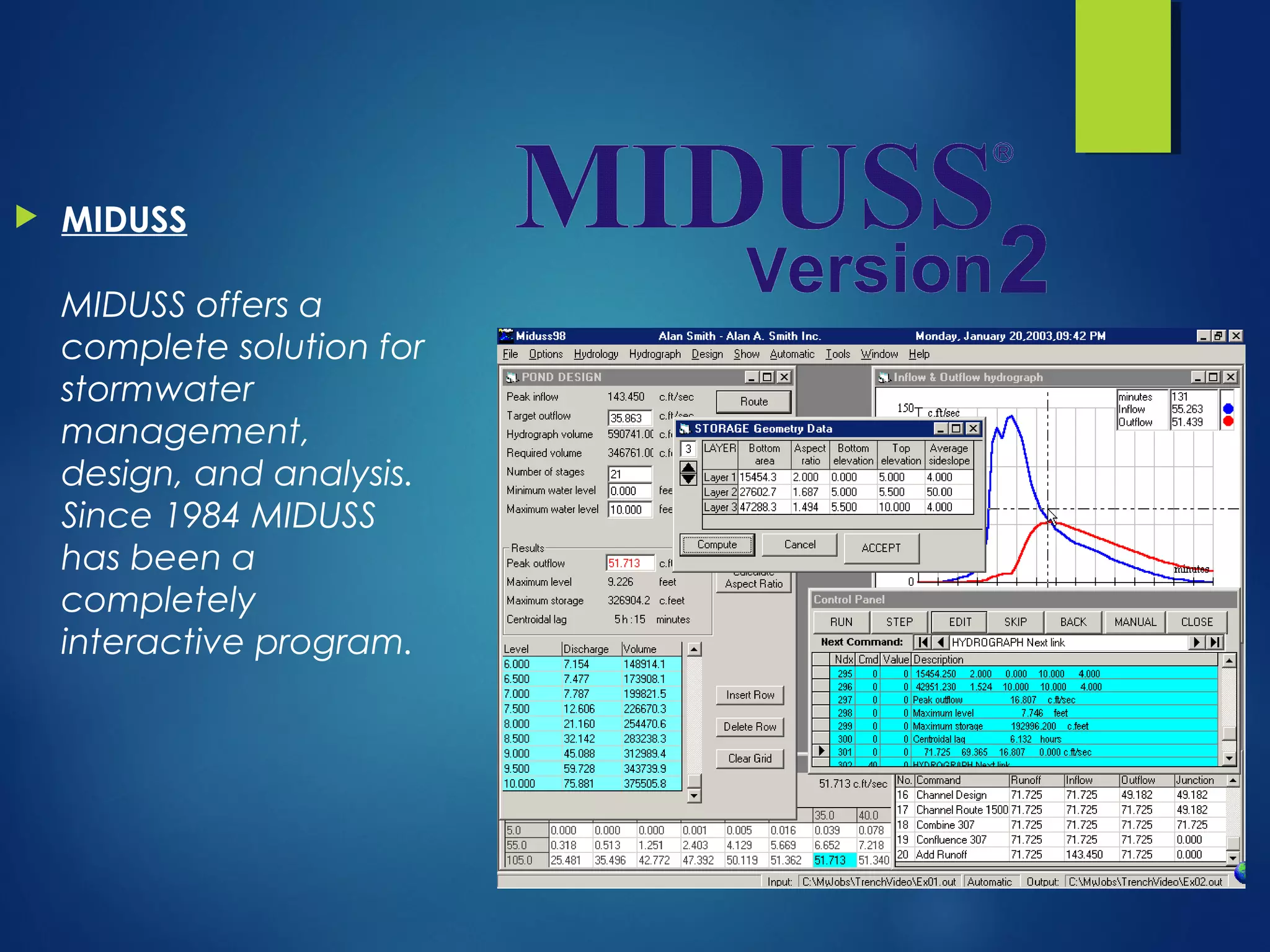  MIDUSS
MIDUSS offers a
complete solution for
stormwater
management,
design, and analysis. 
Since 1984 MIDUSS
has been a
completely
interactive program.
 