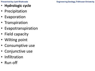 • Hydrologic cycle
• Precipitation
• Evaporation
• Transpiration
• Evapotranspiration
• Field capacity
• Wilting point
• Consumptive use
• Conjunctive use
• Infiltration
• Run off
 