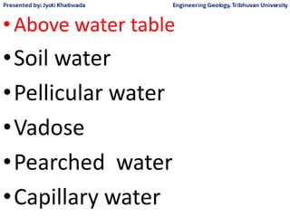 •Above water table
•Soil water
•Pellicular water
•Vadose
•Pearched water
•Capillary water
 