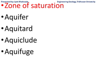 •Zone of saturation
•Aquifer
•Aquitard
•Aquiclude
•Aquifuge
 