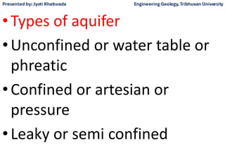 •Types of aquifer
•Unconfined or water table or
phreatic
•Confined or artesian or
pressure
•Leaky or semi confined
 