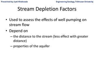 Stream Depletion Factors
• Used to assess the effects of well pumping on
stream flow
• Depend on
– the distance to the stream (less effect with greater
distance)
– properties of the aquifer
 