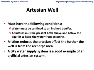 Artesian Well
• Must have the following conditions:
Water must be confined to an inclined aquifer.
Aquitards must be present both above and below the
aquifer to keep the water from escaping.
• Friction reduces the artesian effect the further the
well is from the recharge area.
• A city water supply system is a good example of an
artificial artesian system.
 