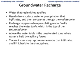 Groundwater Recharge
• Water that replenishes aquifers
• Usually from surface water or precipitation that
infiltrates, and then percolates through the vadose zone
• Recharge happens when percolating water finally
reaches the water table, which is the top of the
saturated zone.
• Above the water table is the unsaturated zone where
water is held by capillary forces
• The root zone may capture some water that infiltrates
and lift it back to the atmosphere.
 