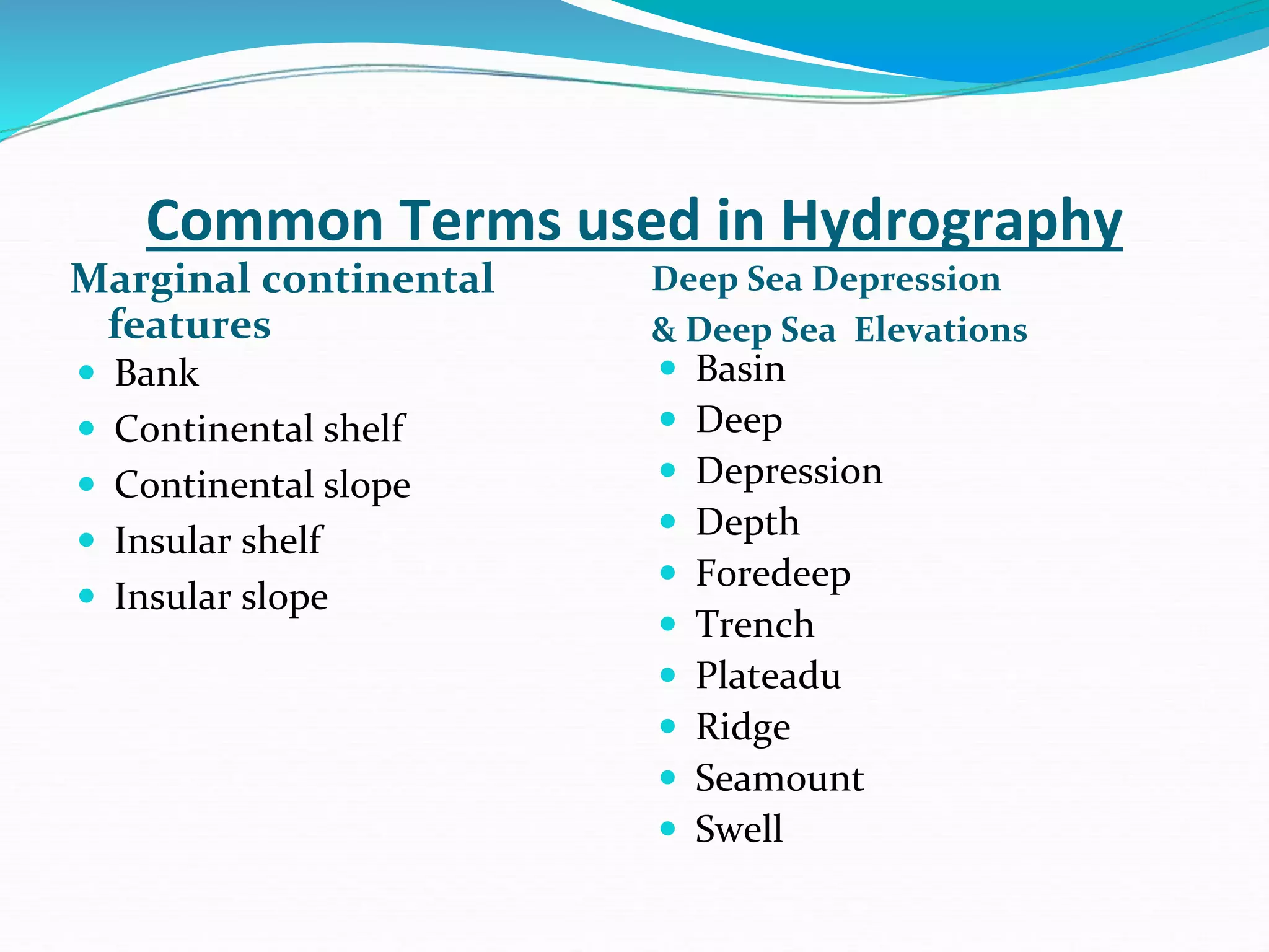 Common Terms used in Hydrography
Marginal continental
features
Deep Sea Depression
& Deep Sea Elevations
 Bank
 Continental shelf
 Continental slope
 Insular shelf
 Insular slope
 Basin
 Deep
 Depression
 Depth
 Foredeep
 Trench
 Plateadu
 Ridge
 Seamount
 Swell
 